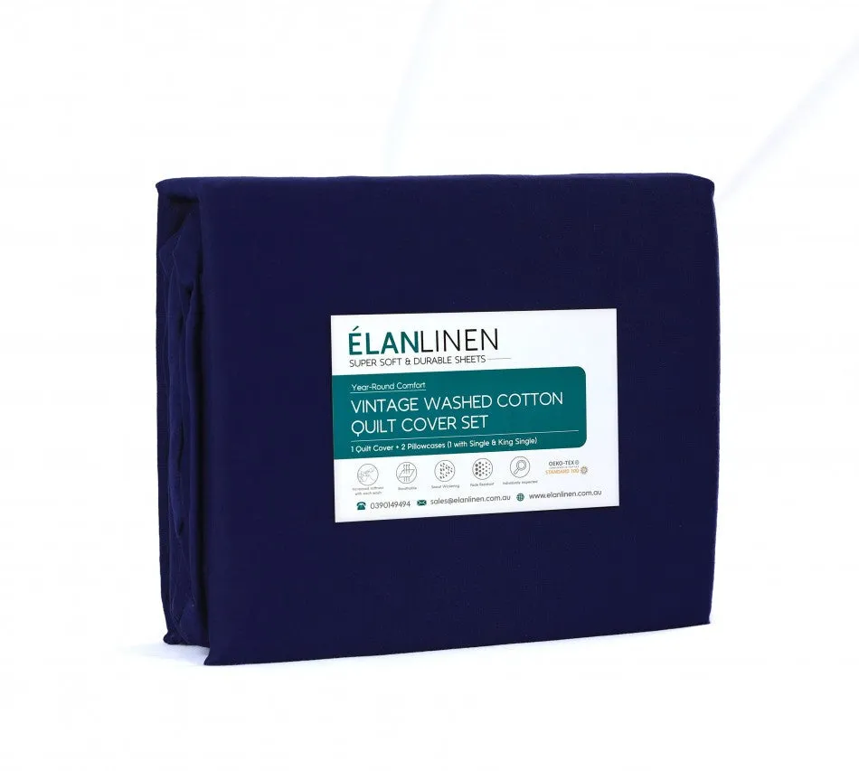 100% Egyptian Cotton Vintage Washed Quilt Cover Set I King I Navy Blue
