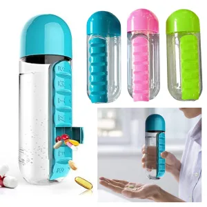 2 Water Bottle Wide Mouth 7 Day Vitamin Organizer Daily Pill Box Medicine 720ml