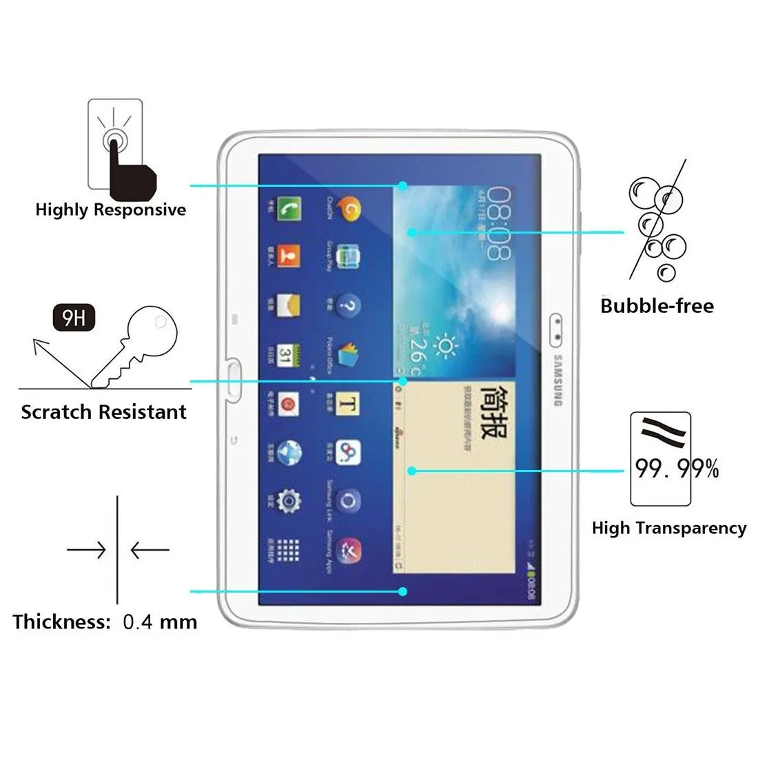 75-pack Tempered Glass Film for Samsung Galaxy Tab 3 10.1 - 0.4mm 9h  Hardness 2.5d Explosion-proof