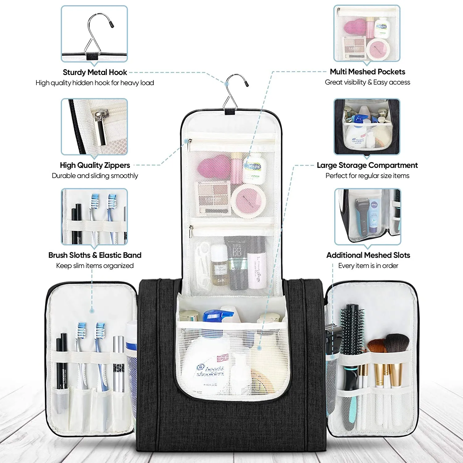 BALEINE Toiletry Bag for Women and Men, Water-Resistance Cosmetic Bags Makeup Organizer for Toiletries with Hanging Hook (Extra Large, Black)