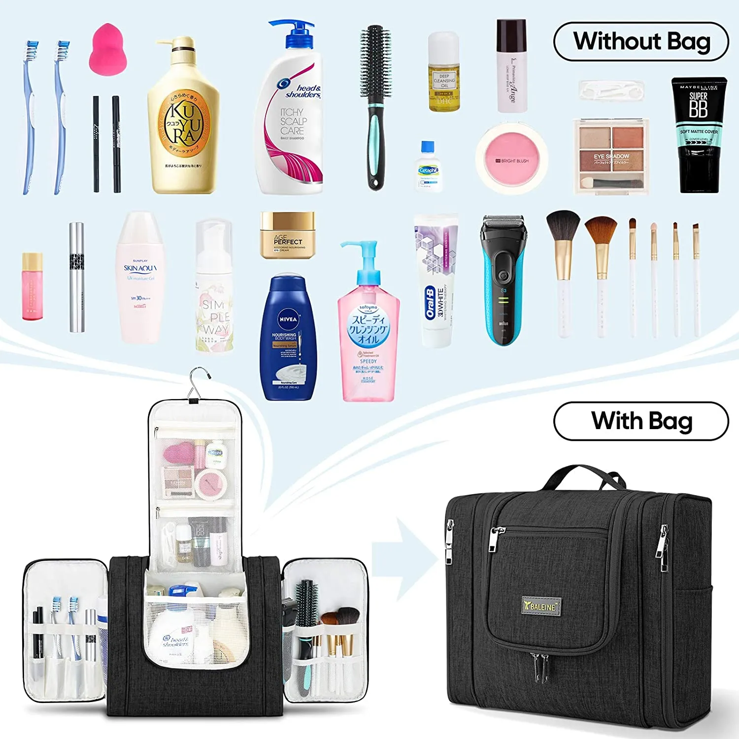 BALEINE Toiletry Bag for Women and Men, Water-Resistance Cosmetic Bags Makeup Organizer for Toiletries with Hanging Hook (Extra Large, Black)
