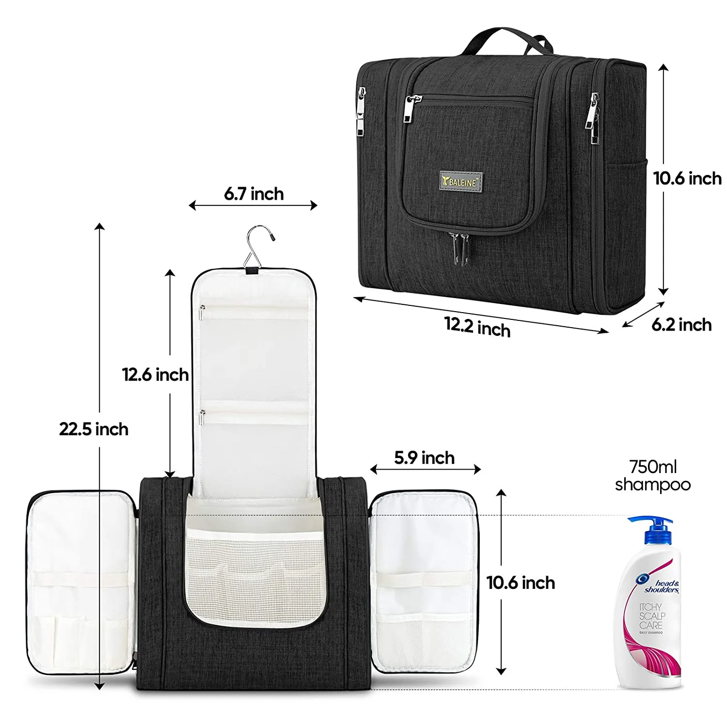 BALEINE Toiletry Bag for Women and Men, Water-Resistance Cosmetic Bags Makeup Organizer for Toiletries with Hanging Hook (Extra Large, Black)