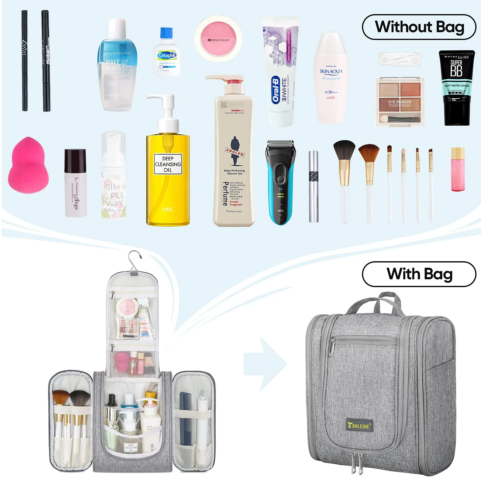 BALEINE Toiletry Bag for Women and Men, Water-Resistance Cosmetic Bags Makeup Organizer for Toiletries with Hanging Hook (Large, Gray)