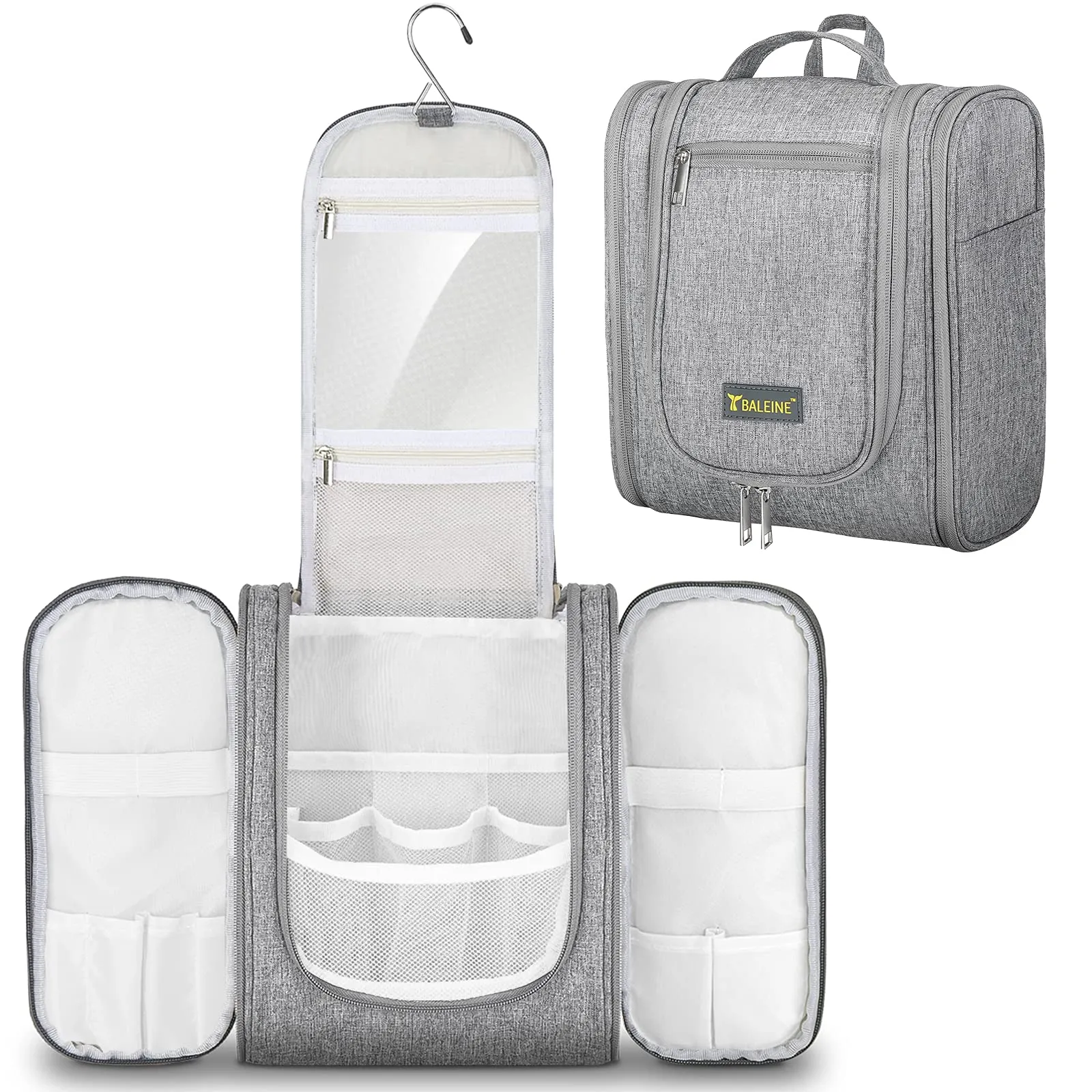 BALEINE Toiletry Bag for Women and Men, Water-Resistance Cosmetic Bags Makeup Organizer for Toiletries with Hanging Hook (Large, Gray)