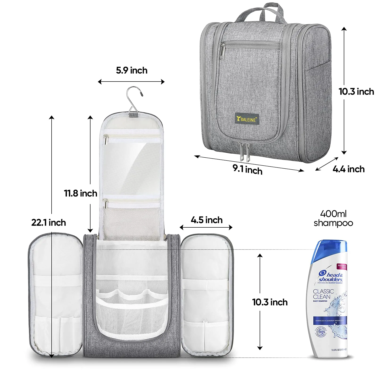 BALEINE Toiletry Bag for Women and Men, Water-Resistance Cosmetic Bags Makeup Organizer for Toiletries with Hanging Hook (Large, Gray)