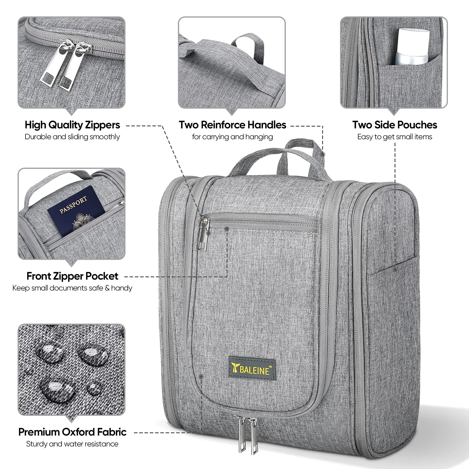 BALEINE Toiletry Bag for Women and Men, Water-Resistance Cosmetic Bags Makeup Organizer for Toiletries with Hanging Hook (Large, Gray)