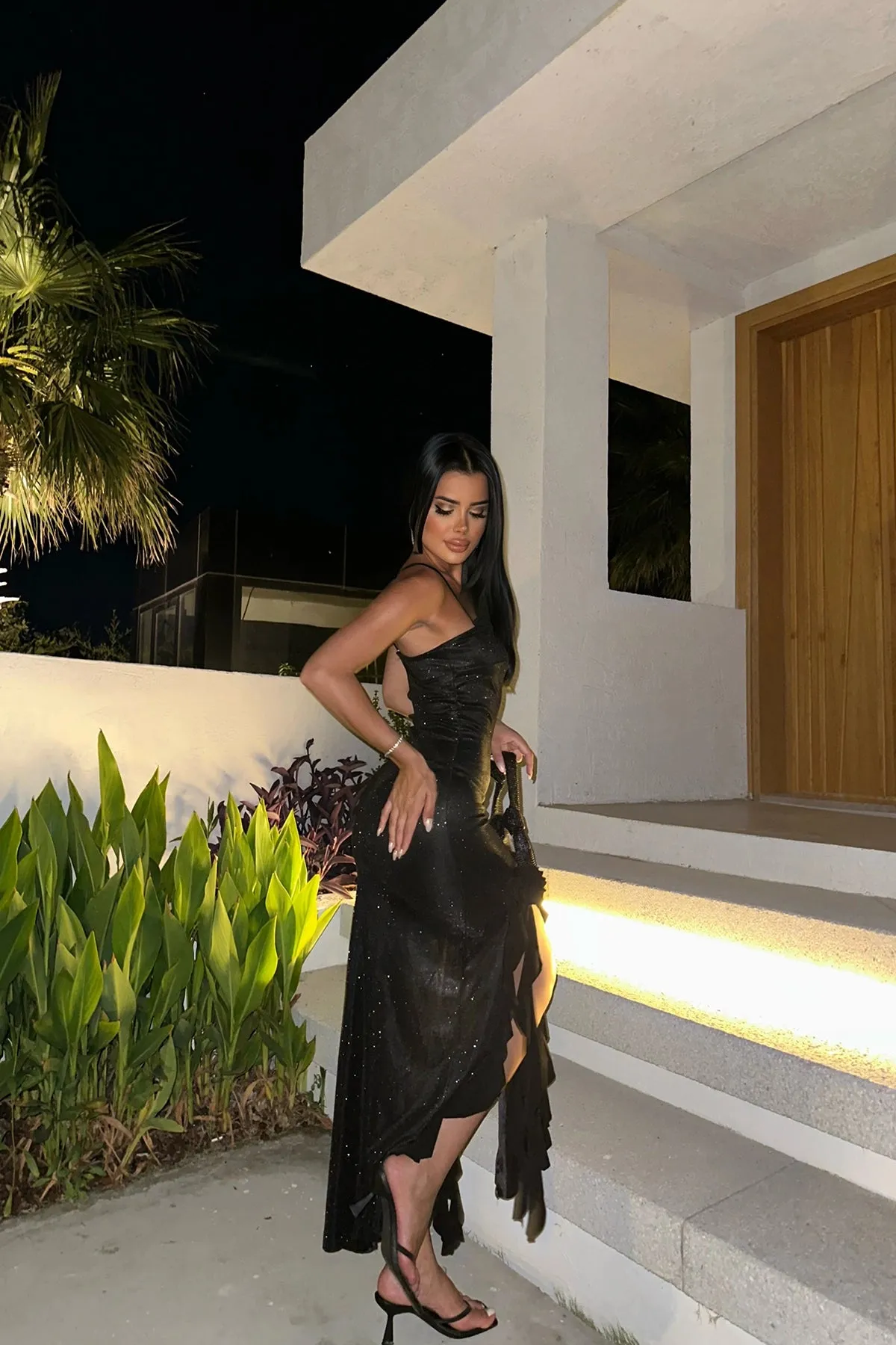 Black Deep Slit Strappy Long Dress