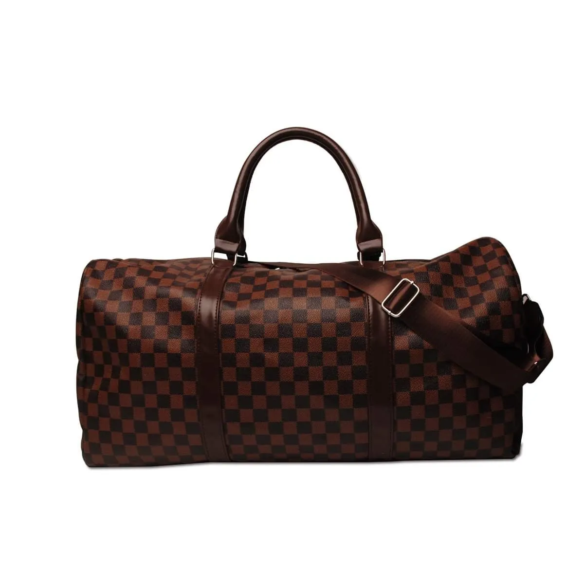 Brown Check Faux Leather Duffle Style Weekender with Shoulder Strap