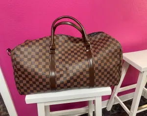 Brown Check Faux Leather Duffle Style Weekender with Shoulder Strap