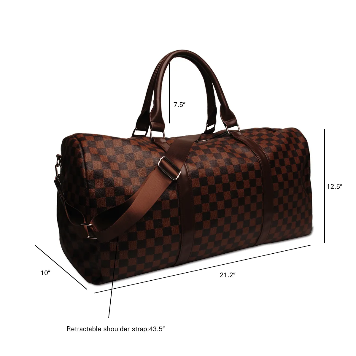 Brown Check Faux Leather Duffle Style Weekender with Shoulder Strap