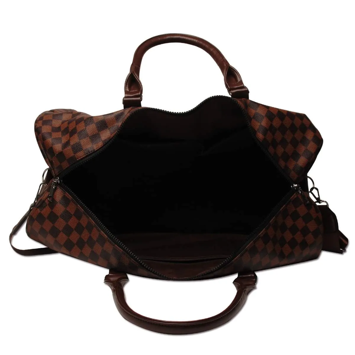 Brown Check Faux Leather Duffle Style Weekender with Shoulder Strap