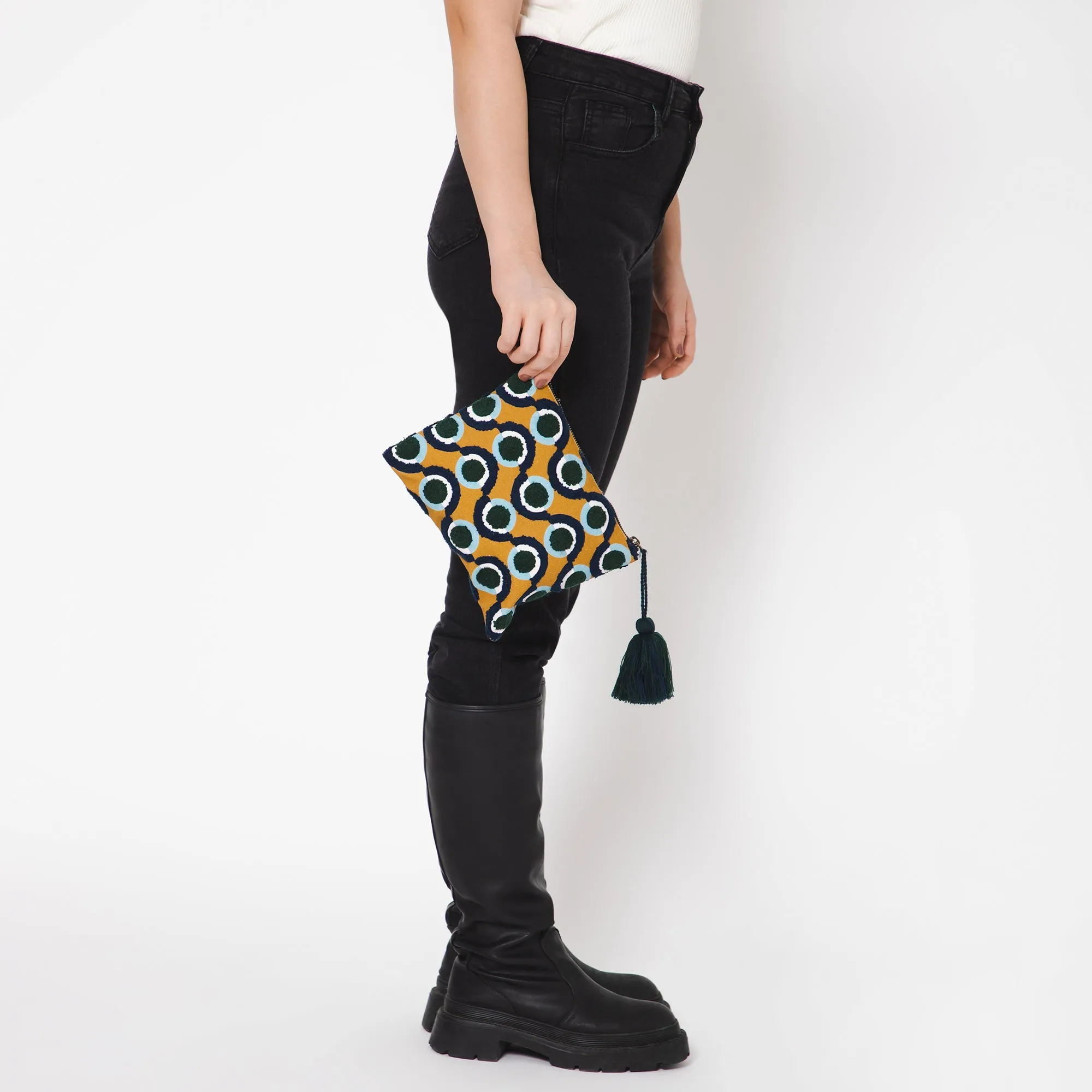 Circle Embroidered Travel Pouch - Mustard