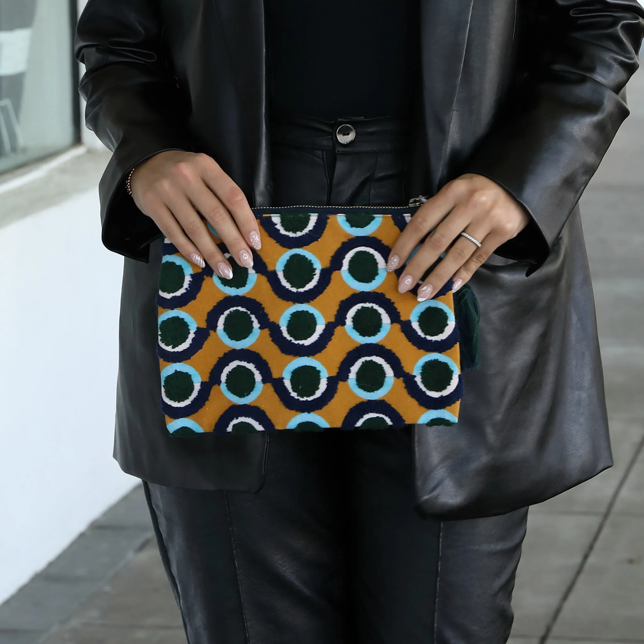 Circle Embroidered Travel Pouch - Mustard