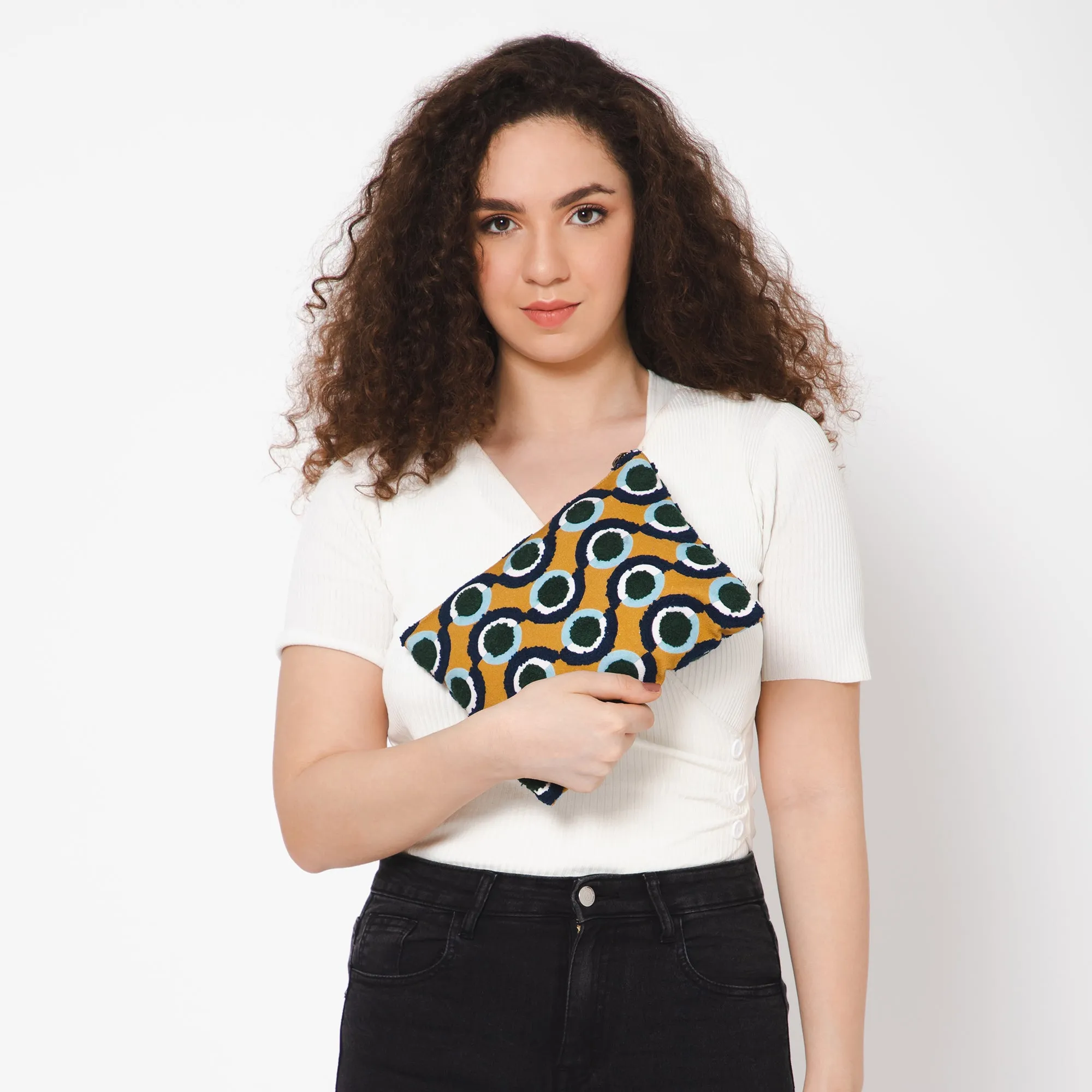 Circle Embroidered Travel Pouch - Mustard