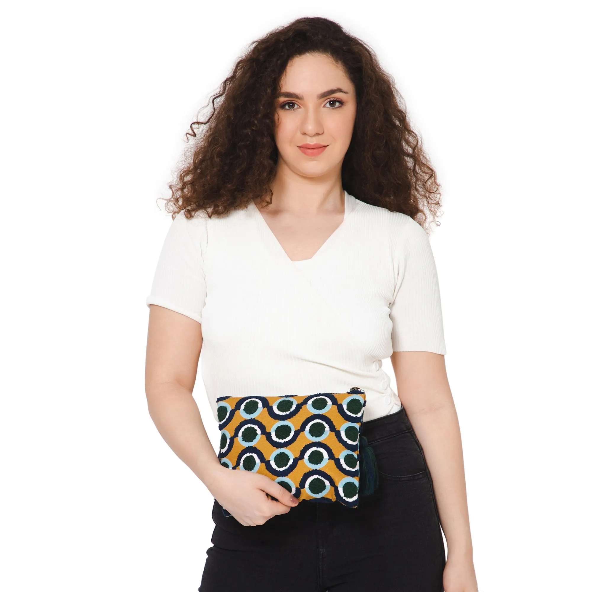 Circle Embroidered Travel Pouch - Mustard