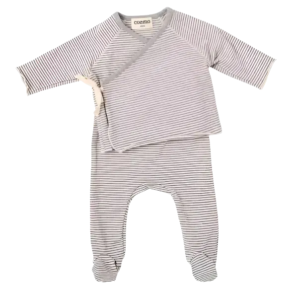 Cozmo (Barcelona) - Kimono Wrap   Footed Pant Set - Grey Stripes