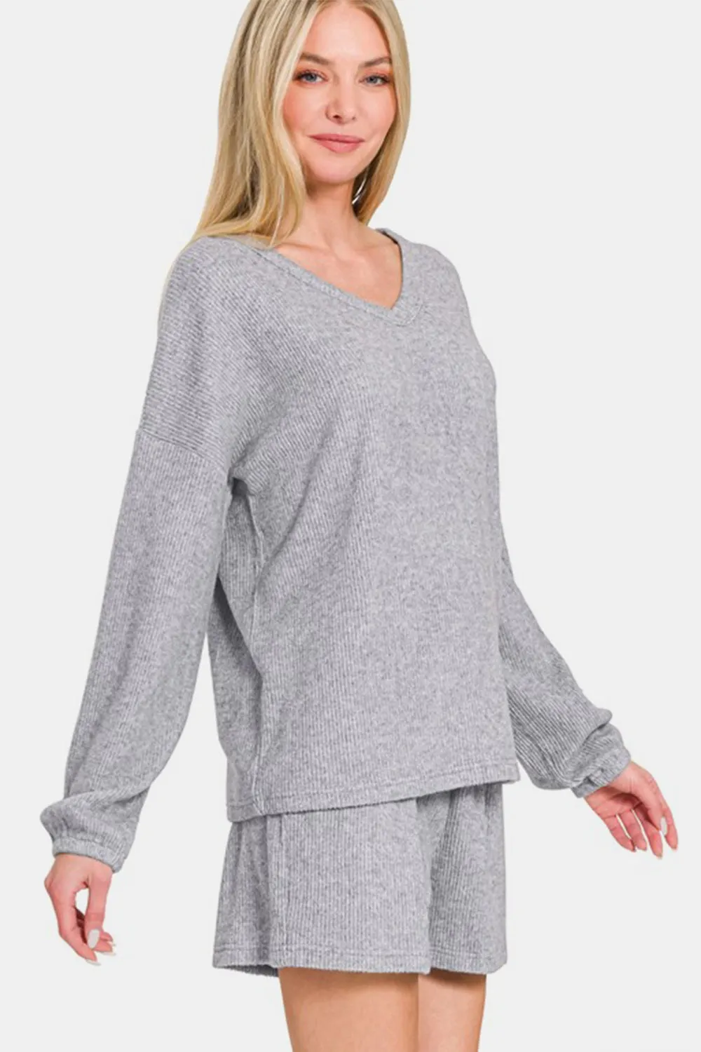 Gina - V-Neck Long Sleeve Ribbed Top and Shorts  - Zenana - Exclusively Online