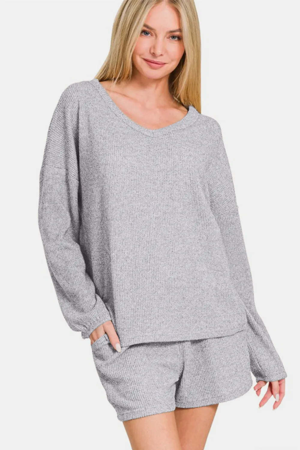 Gina - V-Neck Long Sleeve Ribbed Top and Shorts  - Zenana - Exclusively Online