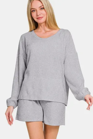 Gina - V-Neck Long Sleeve Ribbed Top and Shorts  - Zenana - Exclusively Online