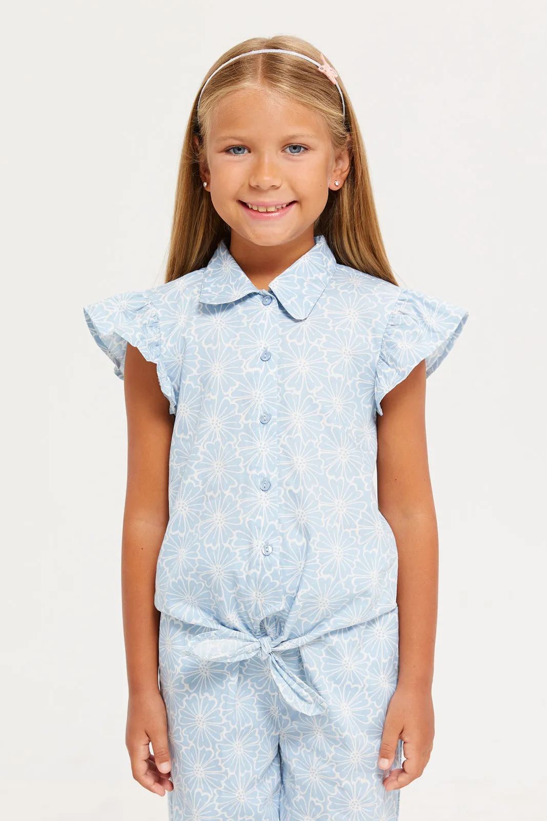 Girls Blue Printed Woven Front Open Top And Jog Fit Trouser Set (2 Piece)