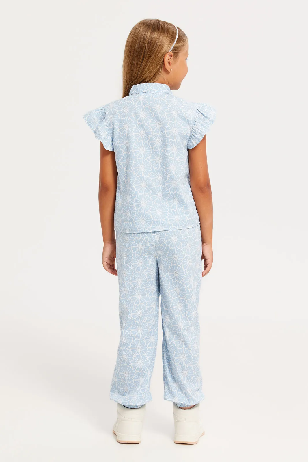 Girls Blue Printed Woven Front Open Top And Jog Fit Trouser Set (2 Piece)