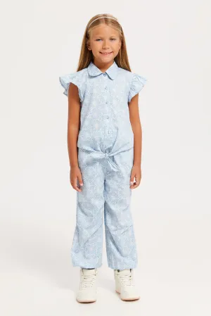 Girls Blue Printed Woven Front Open Top And Jog Fit Trouser Set (2 Piece)