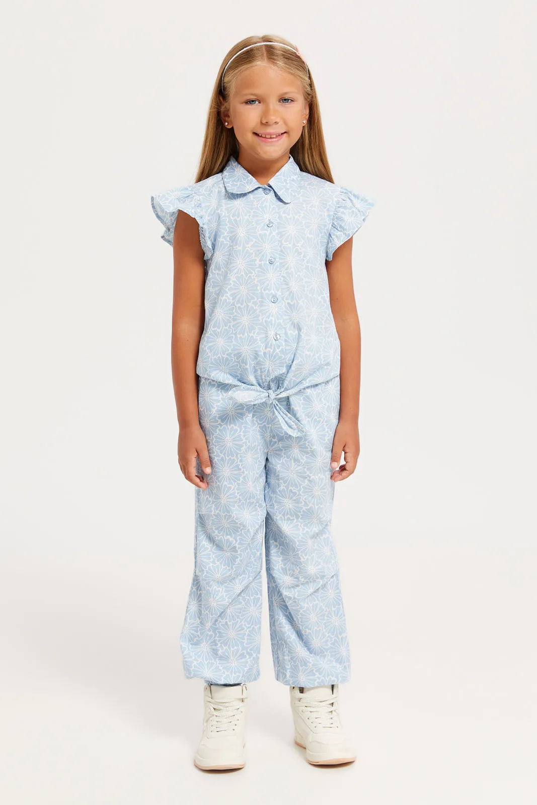 Girls Blue Printed Woven Front Open Top And Jog Fit Trouser Set (2 Piece)