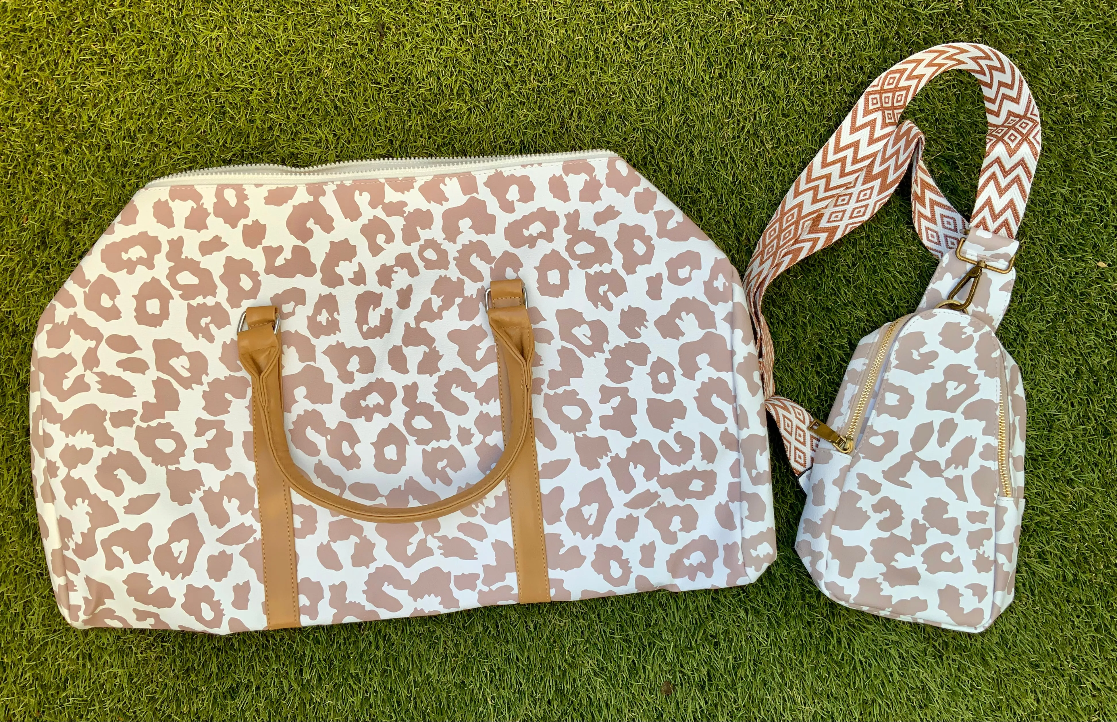 Jolie White and Tan Leopard Weekender Bag with Shoulder Strap