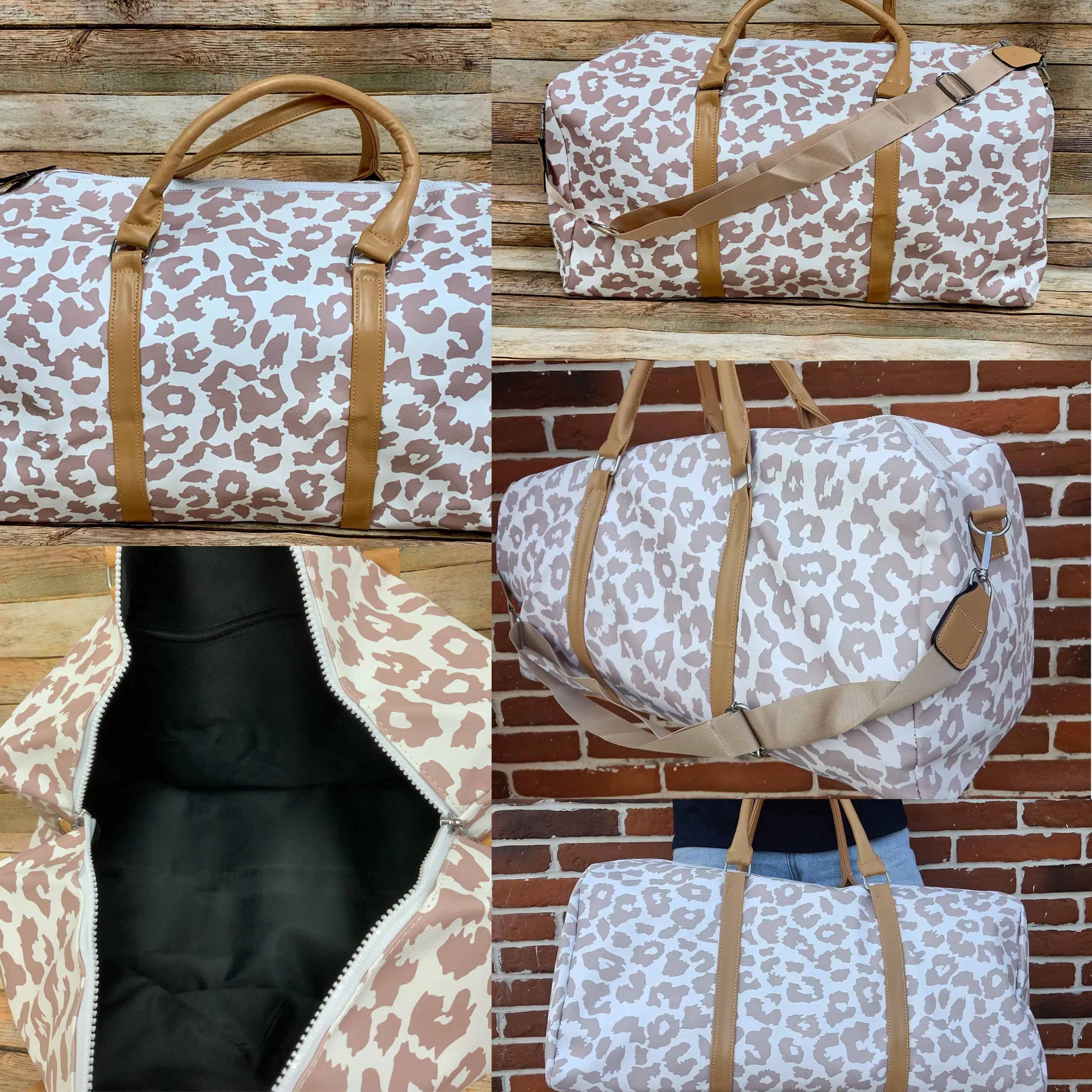 Jolie White and Tan Leopard Weekender Bag with Shoulder Strap
