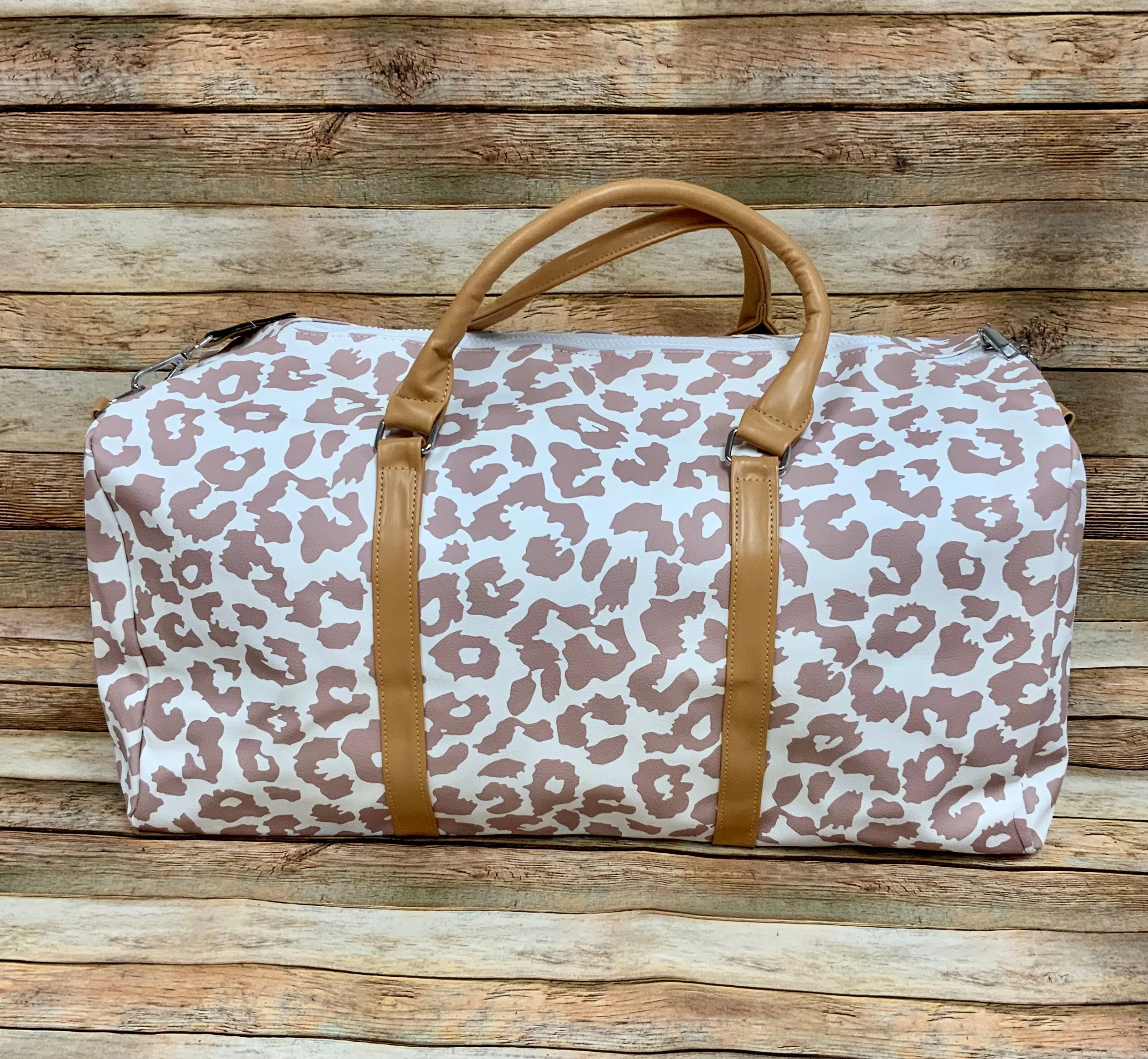 Jolie White and Tan Leopard Weekender Bag with Shoulder Strap