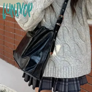 Lunivop Black Gothic Womens Shoulder Bag Vintage Leather Casual Fashion Y2k Tote Bag Large Capacity Luxury Advanced Female Handbag