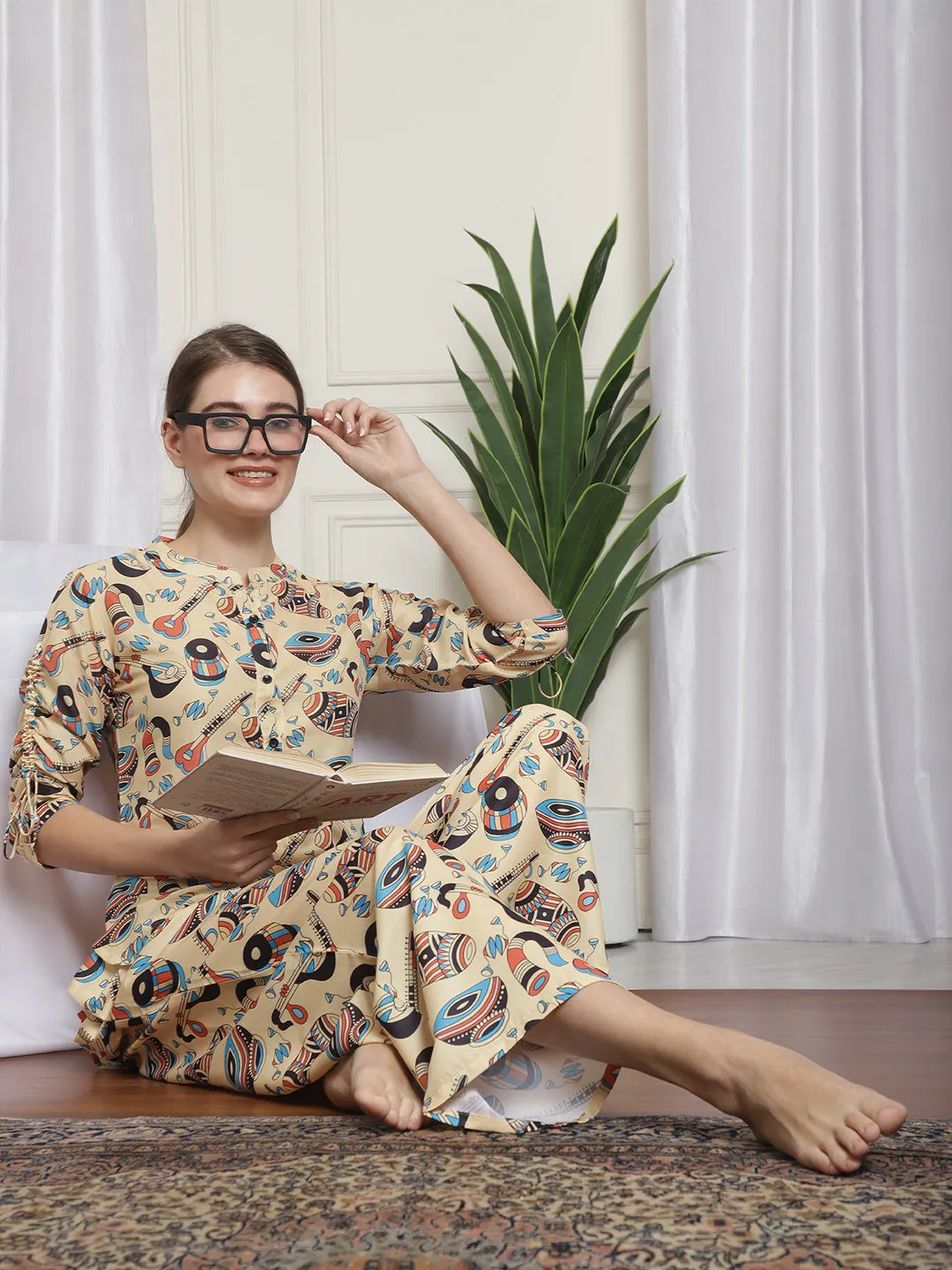 MANDARIAN COLLAR PRINTED MUSLIN CO-ORD SET WITH TROUSERS