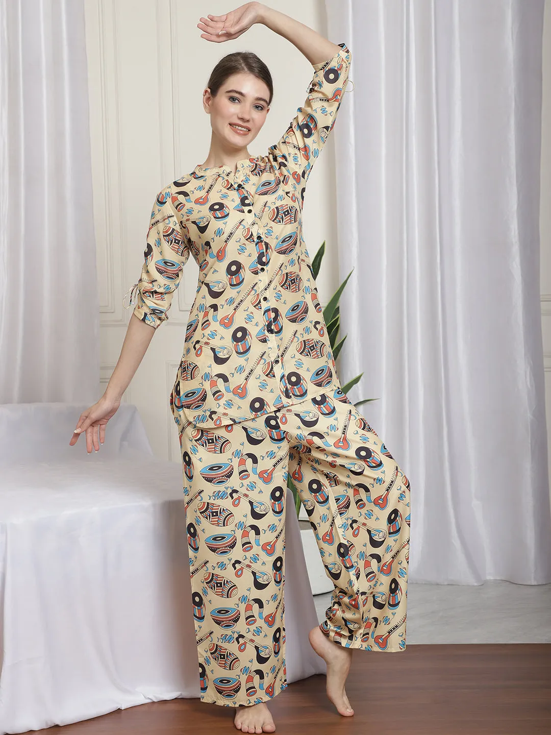 MANDARIAN COLLAR PRINTED MUSLIN CO-ORD SET WITH TROUSERS