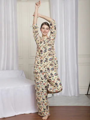 MANDARIAN COLLAR PRINTED MUSLIN CO-ORD SET WITH TROUSERS