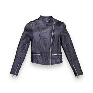 Michael Kors Cropped Black Leather Biker Jacket