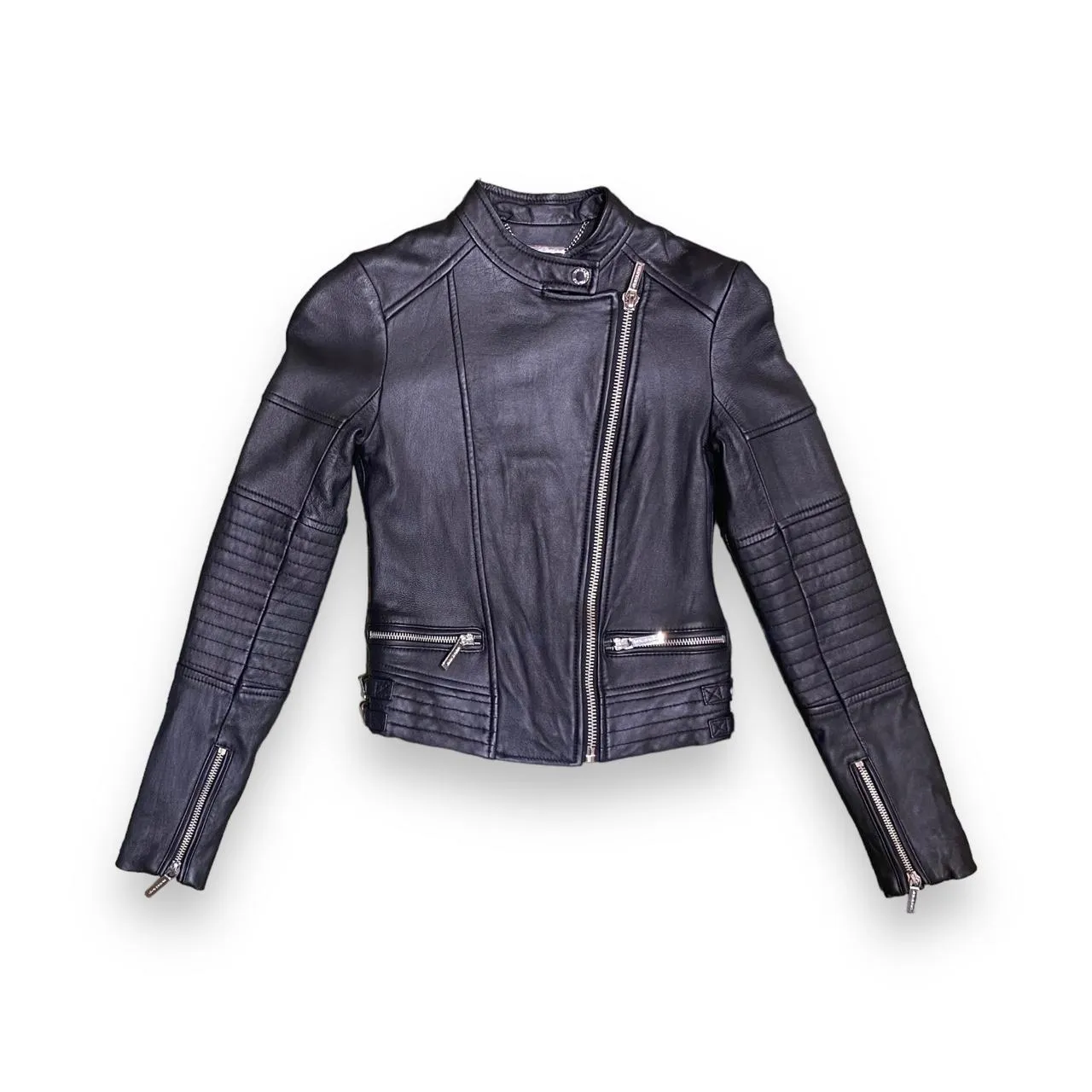 Michael Kors Cropped Black Leather Biker Jacket