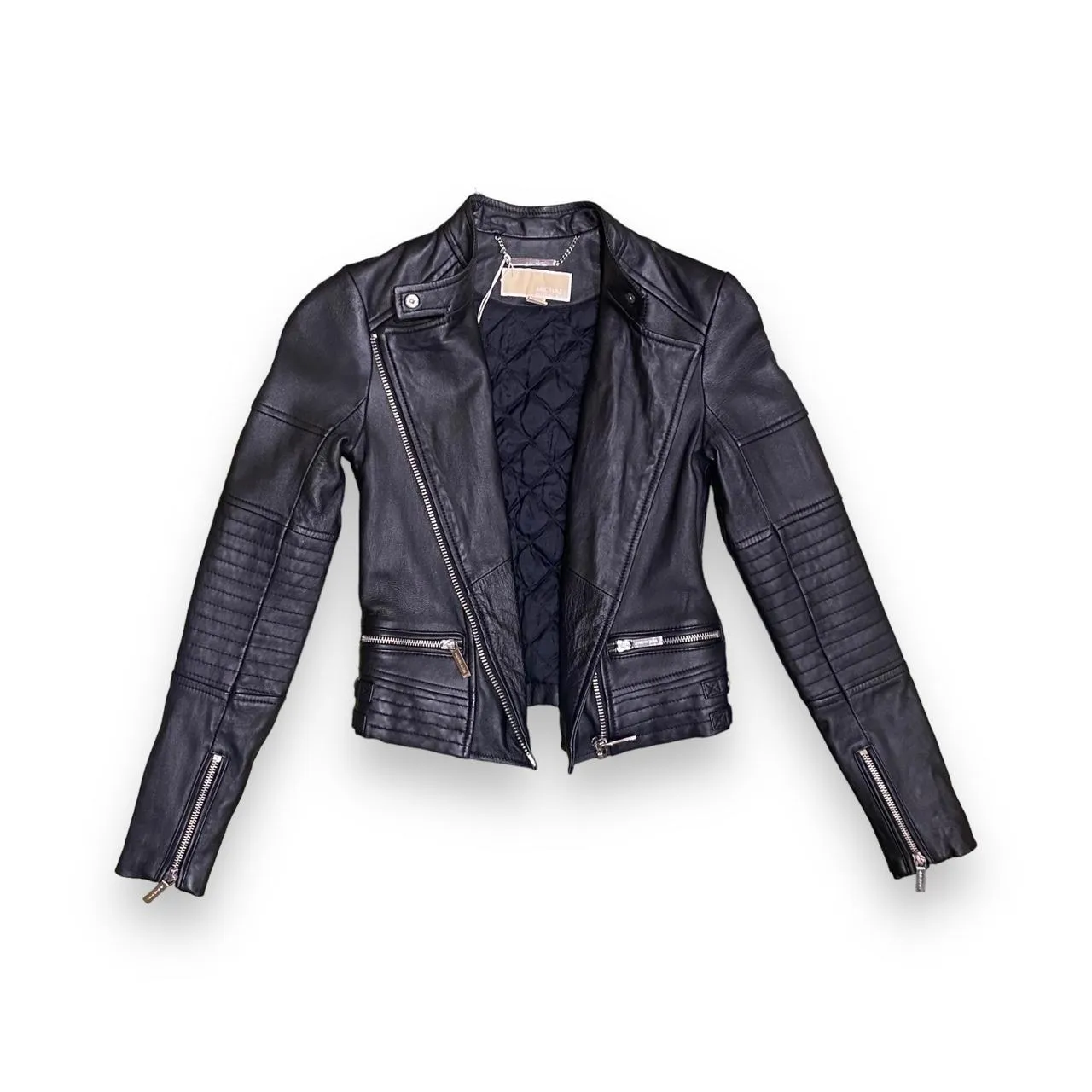 Michael Kors Cropped Black Leather Biker Jacket