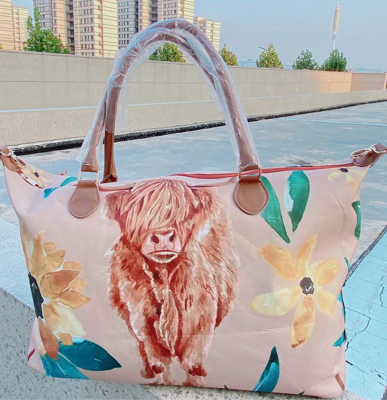 Rustic Highland Cow and Sunflowers on a Tan Weekender