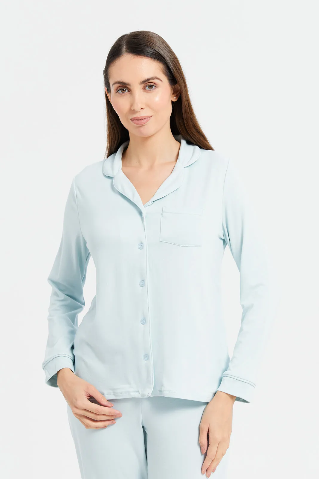 Women Blue Solid Classic Pyjama Set (2 Piece)