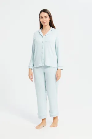 Women Blue Solid Classic Pyjama Set (2 Piece)