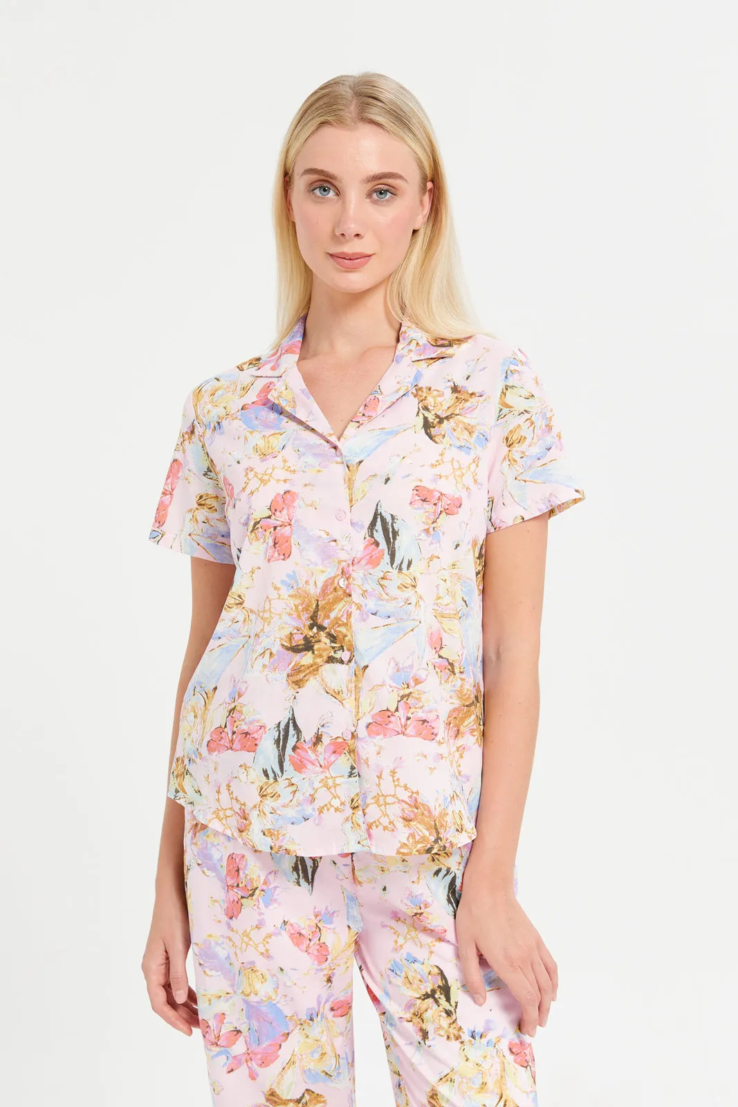 Women Pink Floral Classic Pyjama Set (2 Piece)