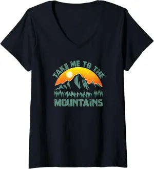 Womens Take Me To The Mountains Vintage Style Outdoor Sunset V-Neck T-Shirt